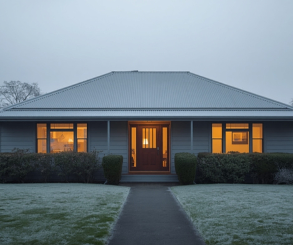 A Christchurch weatherboard home on a frosty winter morning, lit up warmly